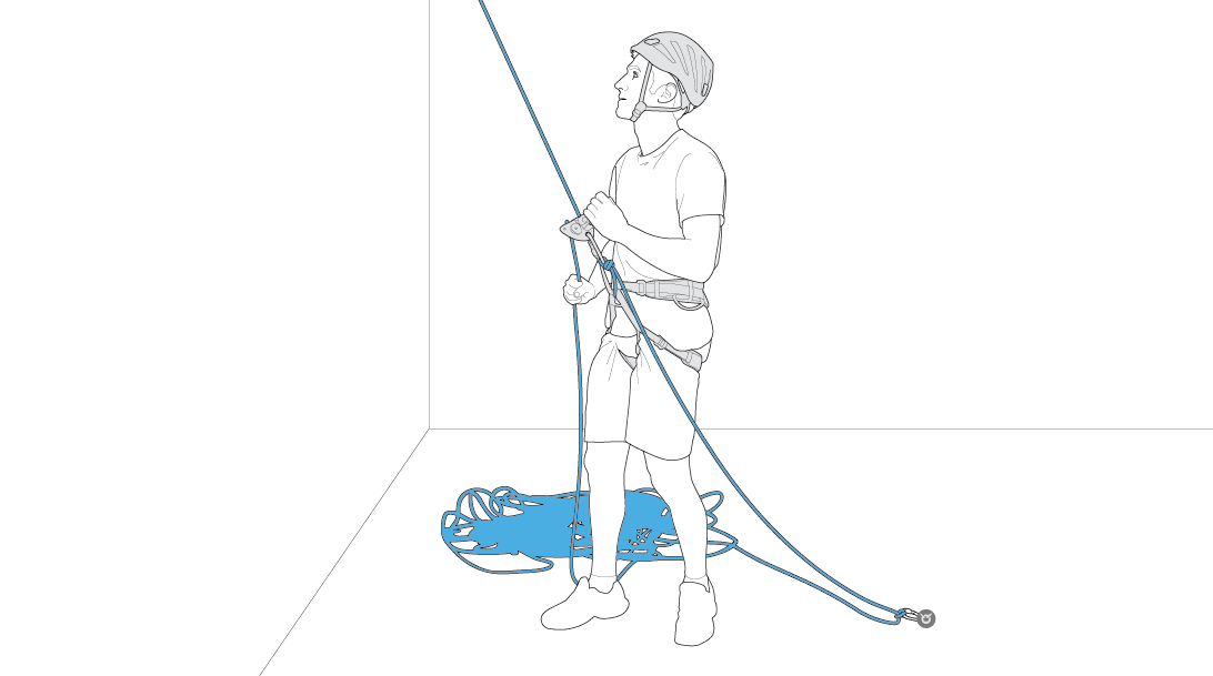 Top-rope belaying with the GRIGRI anchored to the ground.